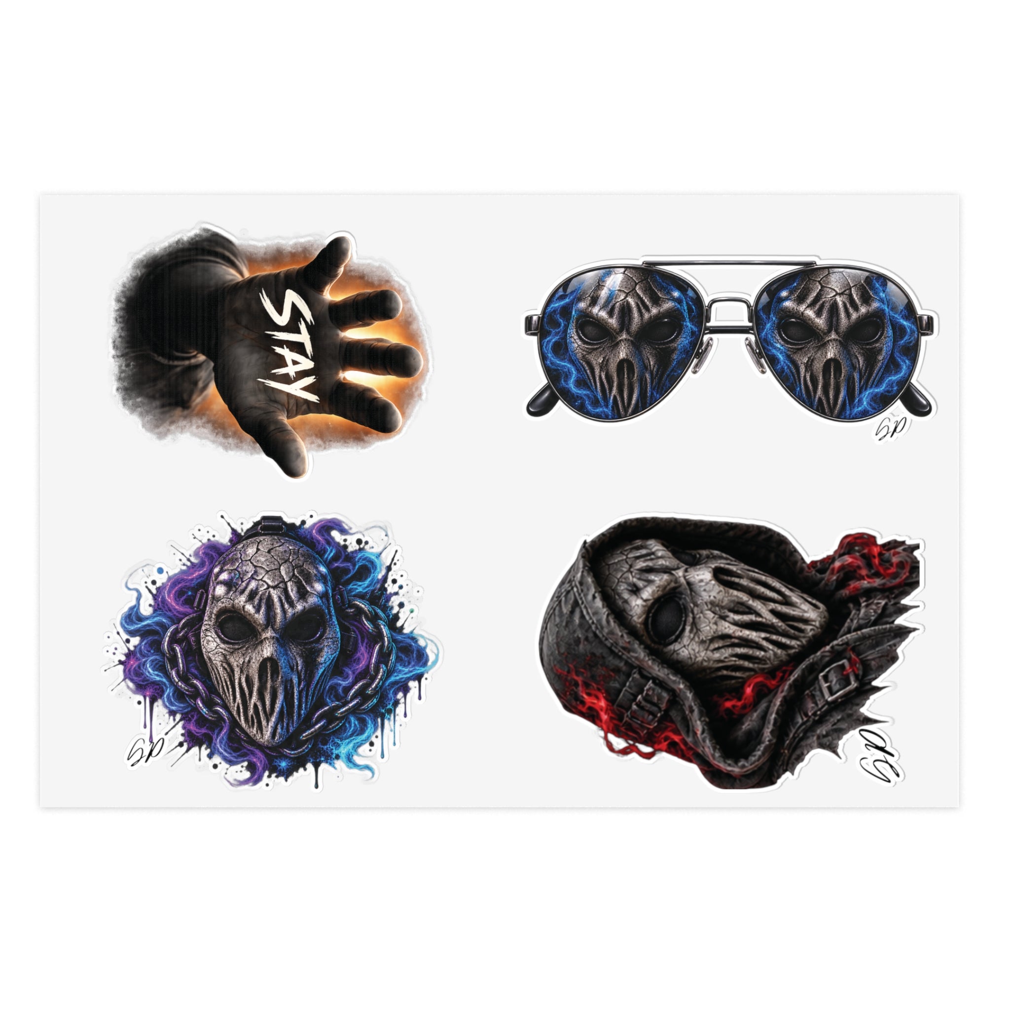 Gothic Plague Doctor Sticker Sheet — Dark Aesthetic Skull, Mask & 'Stay' Hand Decals